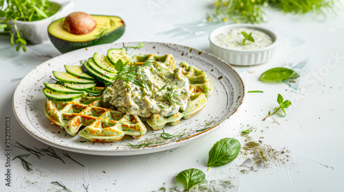 Belgian Waffles with avocado, spinach, micro green and crem cheese on white marble table. Perfect breakfast for healthy food or lose weight. Restaurant menu, recipe. Delicious green vegan waffle