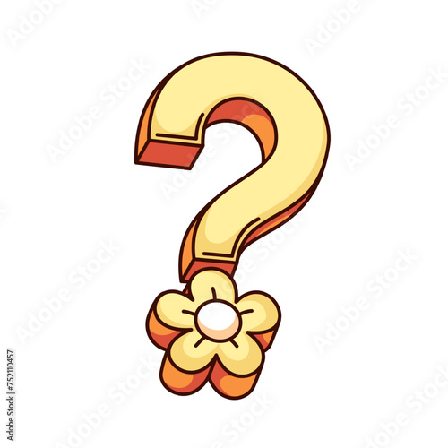 Groovy cartoon question mark with flower instead of dot. Funny retro interrogation symbol, FAQ and information for customers mascot, cartoon question sign sticker of 70s 80s style vector illustration