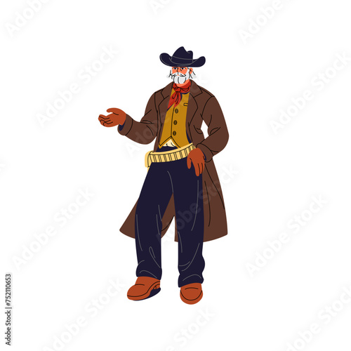 Old american wild west sheriff in hat stand. Bearded texas cowboy. Historic mexican gangster in coat. Western bandit with bandana, cartridge belt. Flat isolated vector illustration on white background
