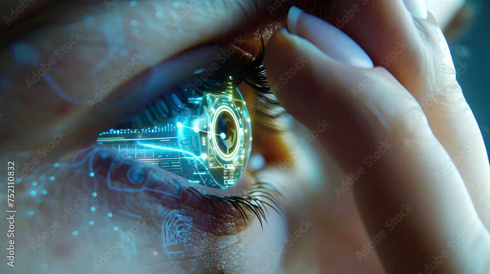 Smart contact lens with digital biometrics. Wearable computing, cybernetics and futuristic holographic vision. - obrazy, fototapety, plakaty 