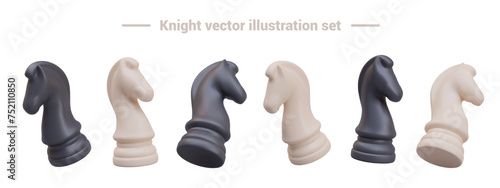 Set of black and white chess knights in different positions