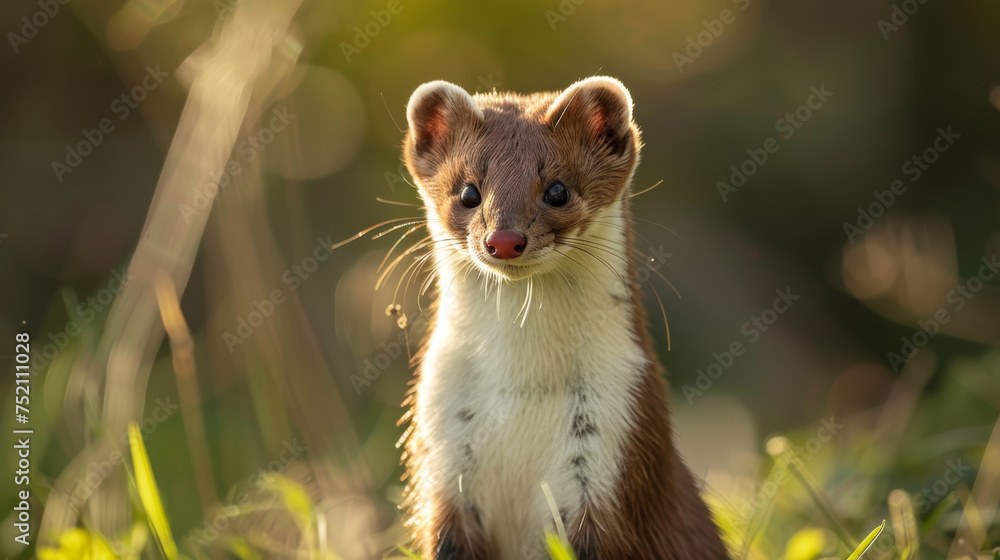 A stoat with piercing eyes looks forward amid greenery.