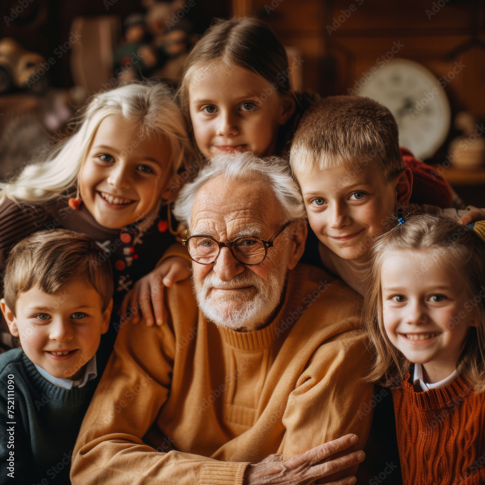 A family portrait of an elderly man and his grandchildren gathered together to celebrate the patriarch's birthday at home