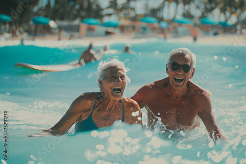 Elderly couple laughing hysterically while swimming in a sea near tropical beach in hot summer day during vacation © Kmikhidov