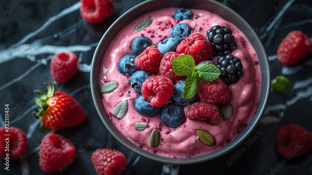 blueberry raspberry blackberry smoothie bowl, green, garnish, strawberry blueberry raspberry blackberry smoothie bowl, green, garnish, strawberry