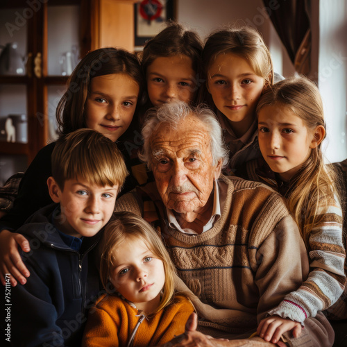 Portrait of big family portrait of gradfather with grandchildren at home. family harmony, natural lighting © Kmikhidov