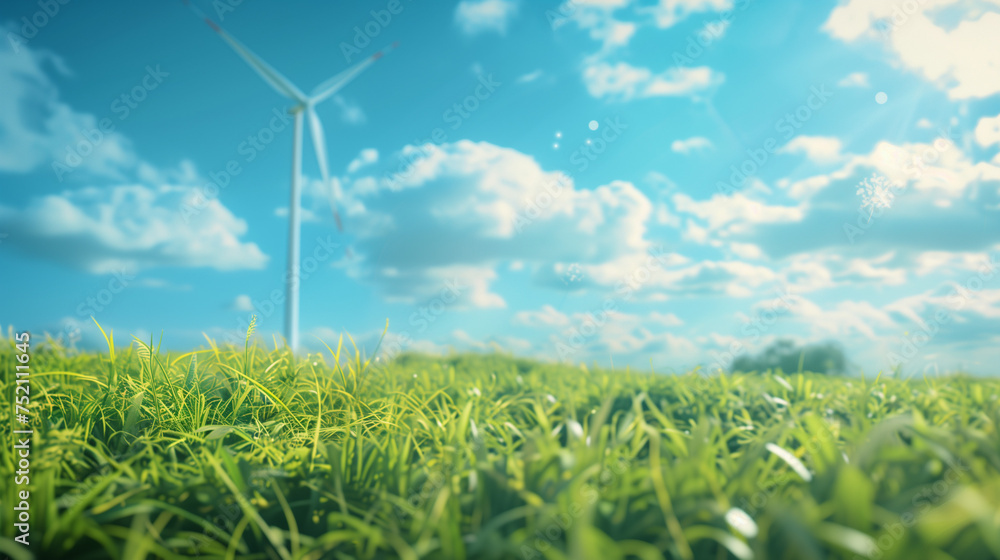 wind turbine on green field with blue sky and clouds wind turbine on green field with blue sky and clouds