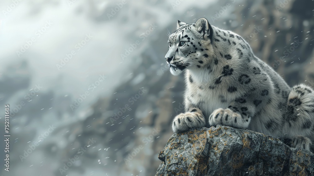 Obraz premium Snow leopard perched on rock with snowy mountain background.