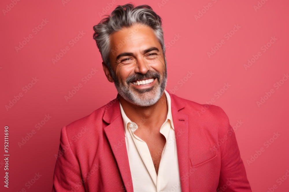 Portrait of a handsome mature Indian man with gray hair and beard smiling at the camera while standing against pink background Portrait of a handsome mature Indian man with gray hair and beard smiling at the camera while standing against pink background