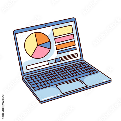Groovy cartoon laptop with pie chart on screen. Funny retro computer with data analysis dashboard, financial analytics, statistics mascot. Cartoon laptop sticker of 70s 80s style vector illustration