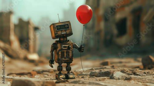 lonely rust old vinatge robot hold red balloon and ruin city in the background photo