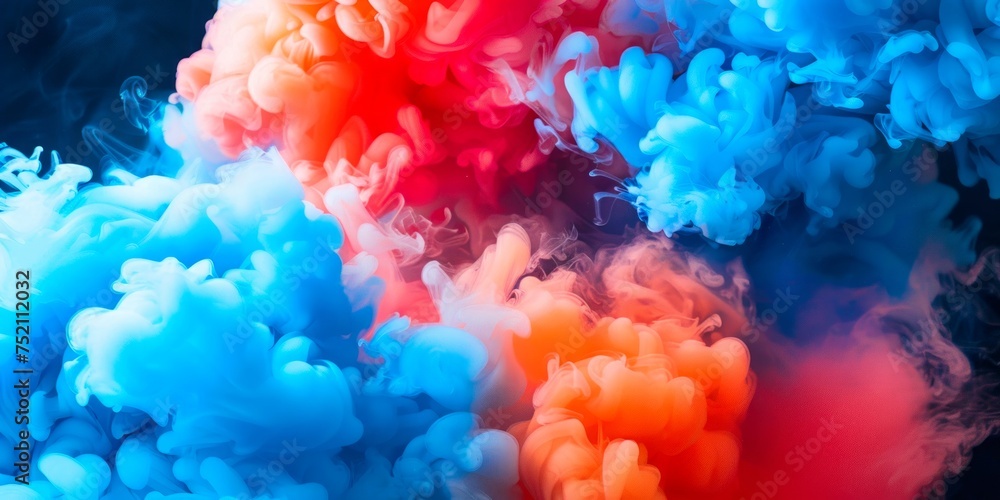 Fototapeta premium Dynamic ink swirls of orange and blue blending in fluid motion.
