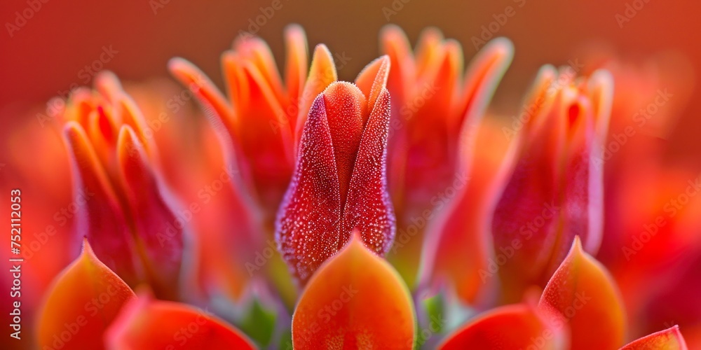 Vibrant red and orange flowers, detailed macro view, petals with morning dew.
