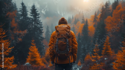 A man stands in a forest with a backpack amidst misty trees photo