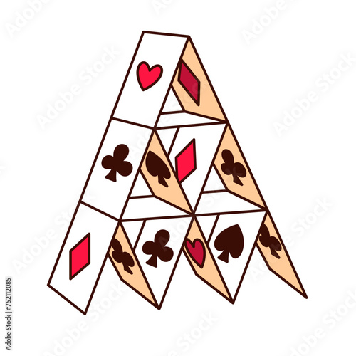 Groovy cartoon house of poker cards. Funny retro unstable pyramid, patience and instability, casino gambling game and trick mascot. Cartoon cards tower sticker of 70s 80s style vector illustration