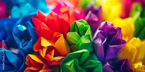 Multicolored origami flowers in a vibrant spectrum, ideal for creative and educational use photo