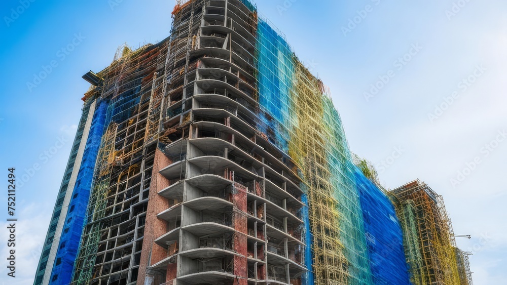 An unfinished tall building that is hung with multicolored fabric. An unfinished tall building that is hung with multicolored fabric.