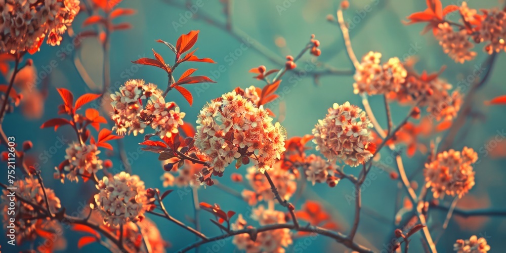 Shrub blooms in crimson and amber hues under a teal sky create a serene scene.