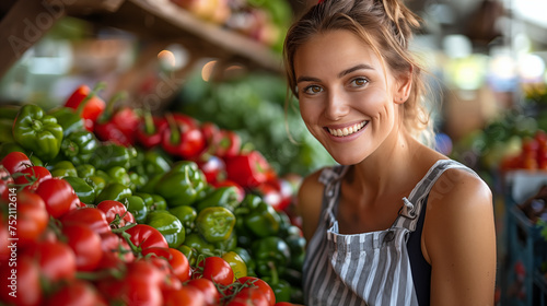 Portrait of smiling young woman placing vegetableset counter in supermarket photo