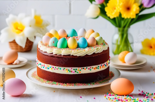 sweet and tasty Easter cupcakes decorated with colorful sprinkles end candy eggs. Happy Easter and spring holiday concept. Shallow depth of field