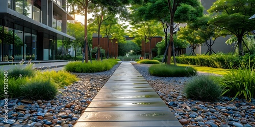 Green urban landscape managing rainwater with treelined streets sidewalks for sustainability. Concept Green Infrastructure, Tree-Lined Streets, Rainwater Management, Urban Sustainability #752112843