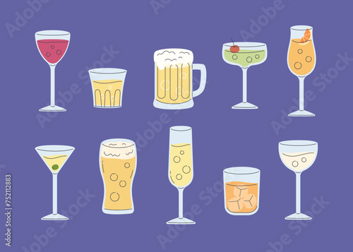 Alcohol and non-alcohol beverage. Classical drinks in various glassware, juice, wine, champagne, beer, cocktail. Flat cartoon style vector illustration isolated on white background
