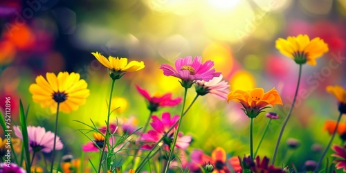 Sunlit wildflowers cast vibrant hues across a radiant meadow.