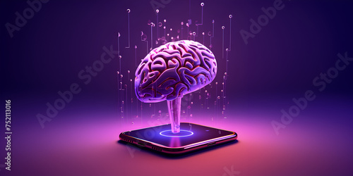 purple human brain on the tablet screen, Human brain on the table. 3d rendering. Computer digital drawing.3D Digital Drawing of the Human Brain on Tablet