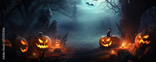 Halloween pumpkins in scary background landscape with moon, bats, ghosts. Wide illustration