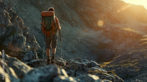 Hiker with a backpack standing on a rocky outcrop.