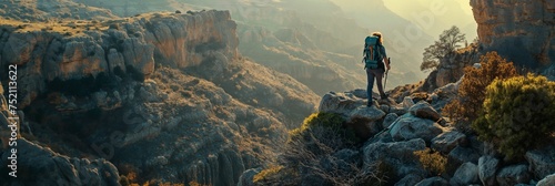 Hiker with a backpack standing on a rocky outcrop. photo