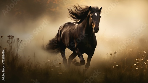 Image of a black horse galloping through a misty meadow.