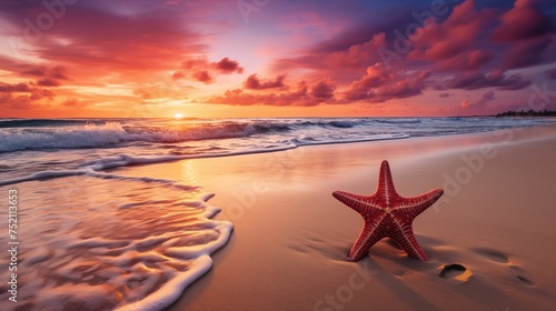 Image of a beach at sunset, with a red starfish.