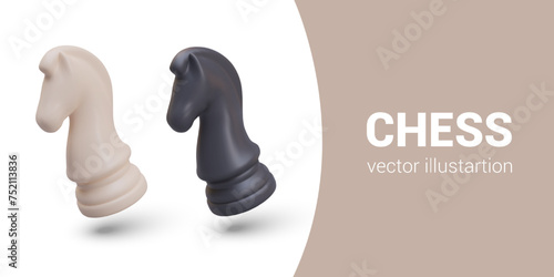 Set of chess knights of different colors. Game figures in inclined position