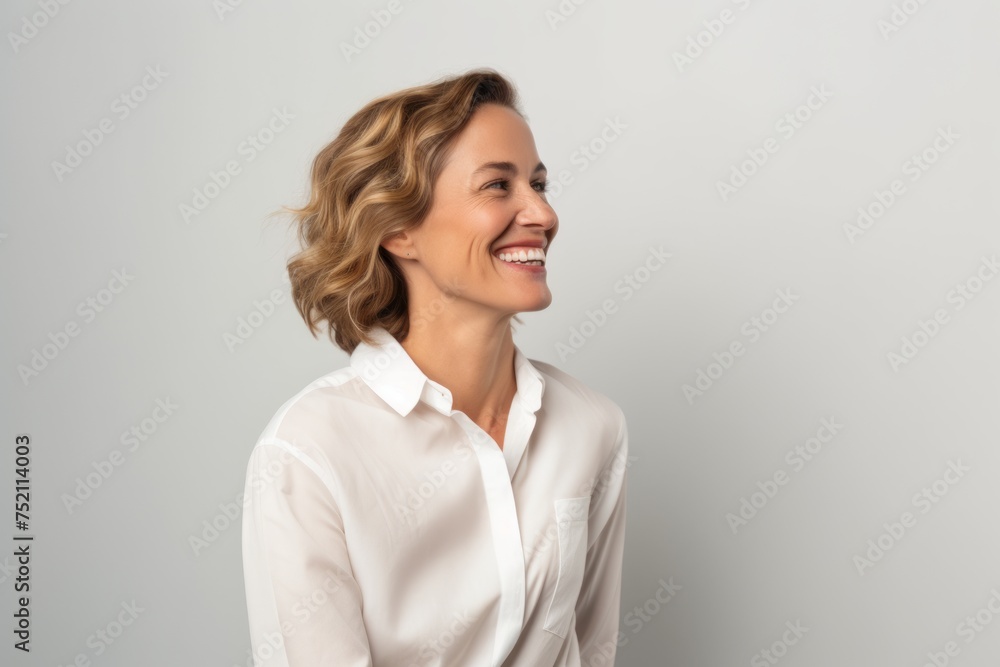 Portrait of a smiling businesswoman in a white shirt on a gray background Portrait of a smiling businesswoman in a white shirt on a gray background