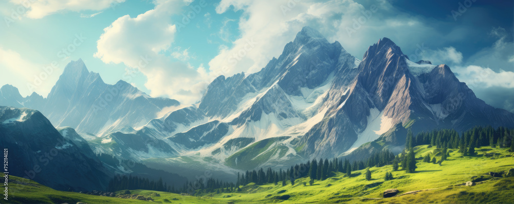 A beautiful mountains landscape with snowy peaks, amazing view.
