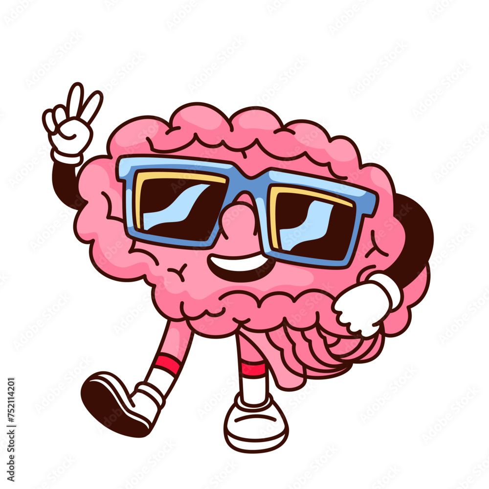 Groovy brain cartoon character with sunglasses. Funny retro brain with hippie gesture of peace, genius mind, intellect and smart solution mascot. Cartoon sticker of 70s 80s style vector illustration Groovy brain cartoon character with sunglasses. Funny retro brain with hippie gesture of peace, genius mind, intellect and smart solution mascot. Cartoon sticker of 70s 80s style vector illustration