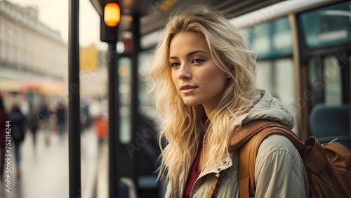 Attractive blonde female tourist waiting for public transport on bus stop. Portrait of pretty attractive blondie standing keeping holder in public transport photo