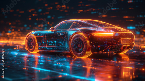 The neon line car in a digital background. digital car concept. future technology growing concepts. © Grewon