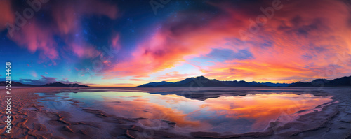 Beautiful colored clouds over the amazing mountain lake. Red and blue sky effect.