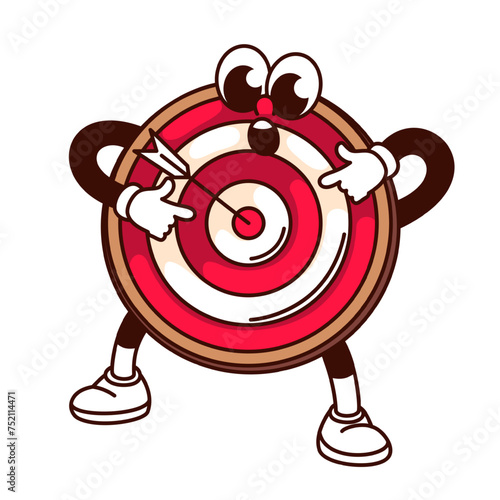 Groovy target cartoon character pointing to arrow hit in bullseye. Funny retro circle board with dart, accurate shot and strategy success mascot. Cartoon sticker of 70s 80s style vector illustration