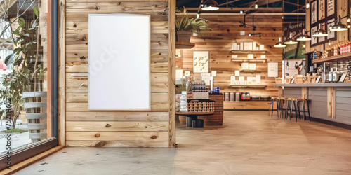White blank  billboard on wooden wall, for advertising, mockup presentations, announcements, promotions, and digital marketing.Blank Poster frame template Digital screen Supermarket Advertising banner photo