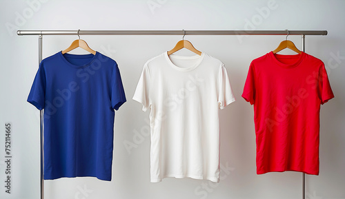Trois t-shirts suspendus sur une penderie avec les couleurs de la france, formant les couleurs du drapeau français, bleu, blanc et rouge sur un fond clair uni