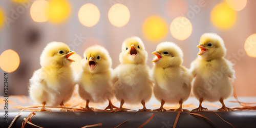 Happy birthday concept. Row of small little yellow chicks on candle background. Easter chicken and candle photo