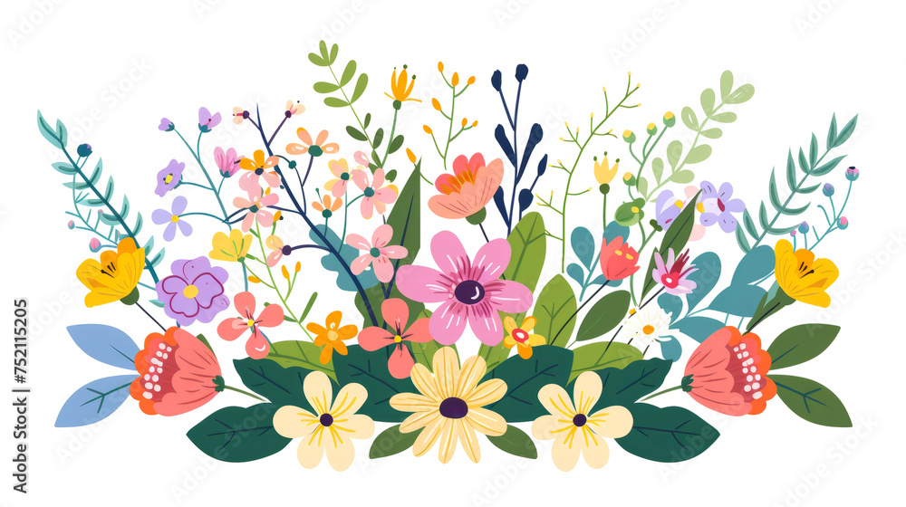 Colorful spring floral bouquet with a variety of field blooms and leaves