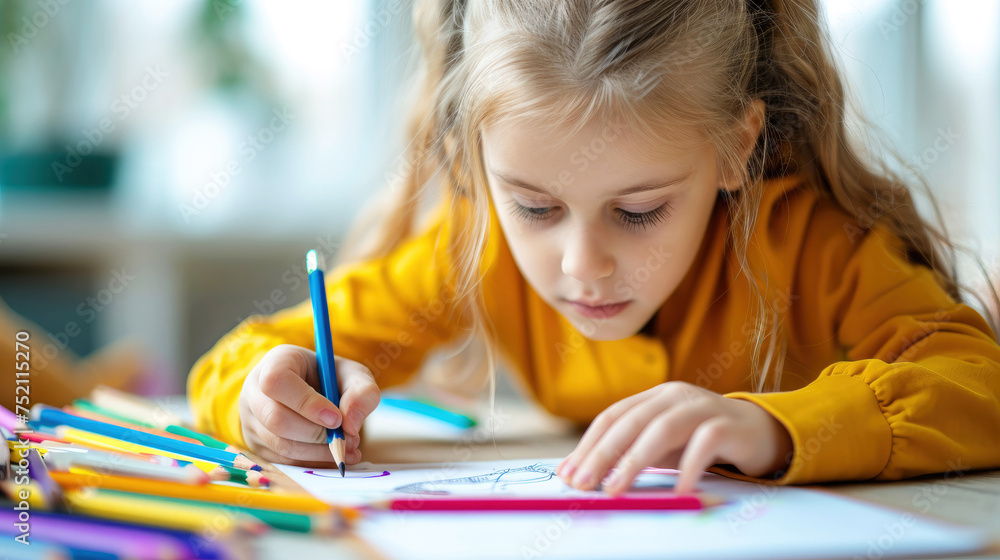 Young girl drawing with concentration on paper with pencils Young girl drawing with concentration on paper with pencils