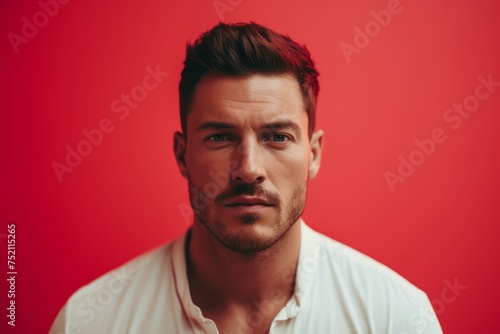 Portrait of a handsome young man on a red background. Men's beauty, fashion. © Iigo