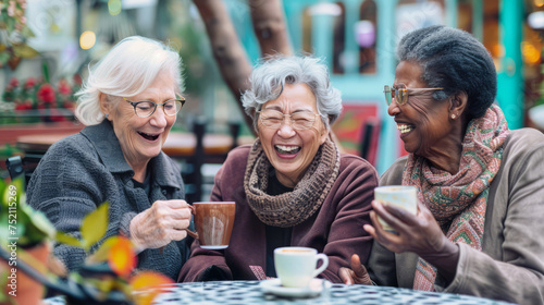 Senior women sharing laughter and coffee at an outdoor cafe