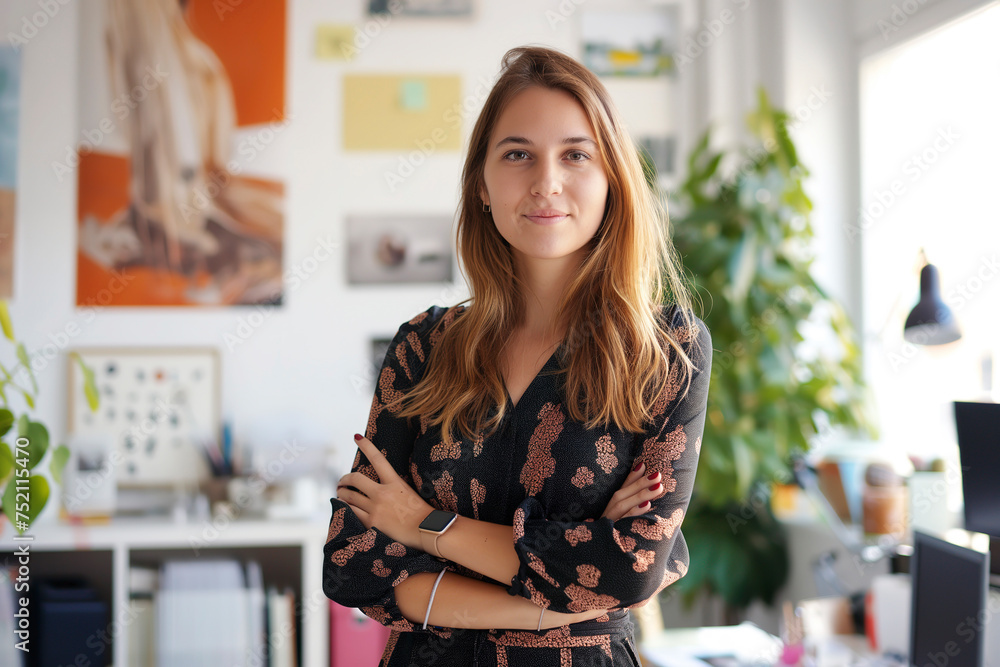 Woman in graphic design office standing confidently with arms crossed. Woman in graphic design office standing confidently with arms crossed.