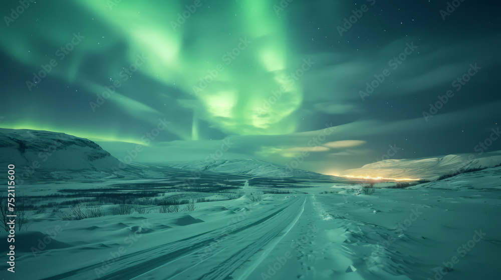 Snow-covered landscape with breathtaking Aurora Borealis in green sky